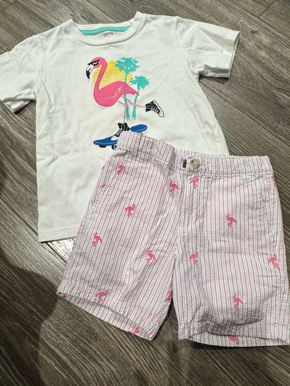 Gymboree White Tee & Pink Stripe Flamingo Shorts Set
